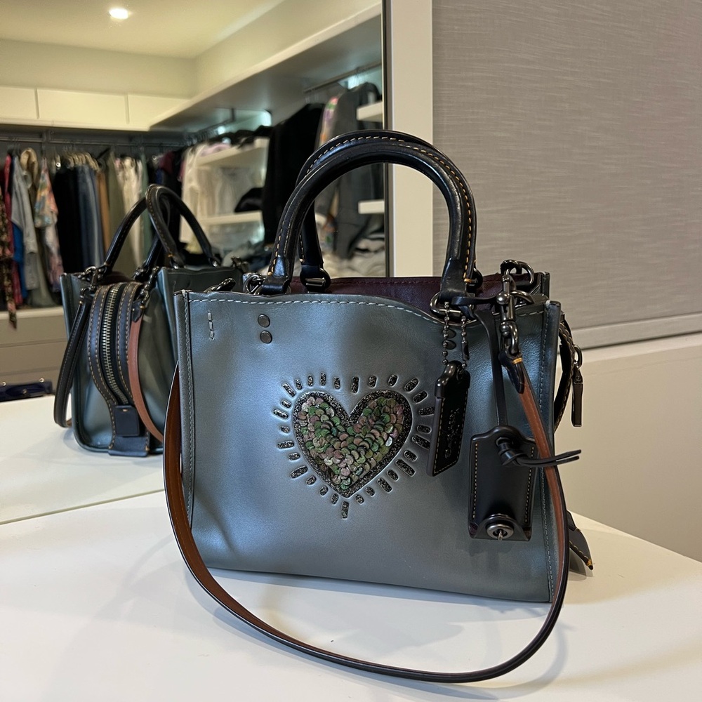 Coach X KEITH HARING Metallic Smoke Leather Heart Sequins Rogue 25 Purse